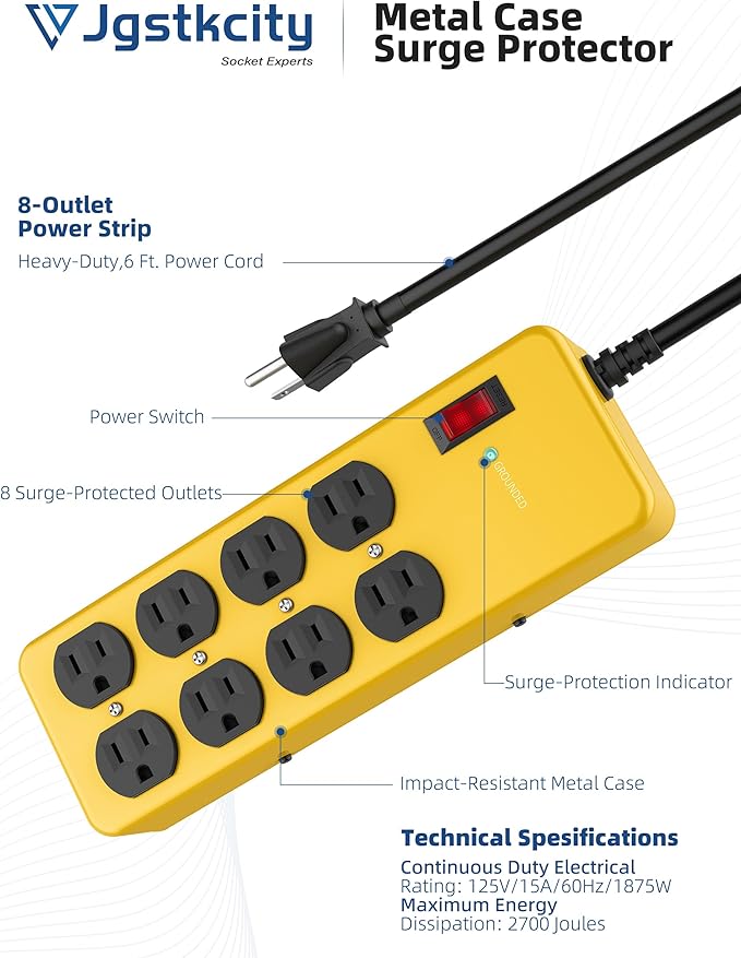 Heavy Duty Power Strip,Industrial Heavy Metal Case Surge Protector,8 AC Outlets,15Amp,2700 Joules,Protected' Indicator,14 Gauge Cord (Yellow, 6FT Length)-DeskLoop Office