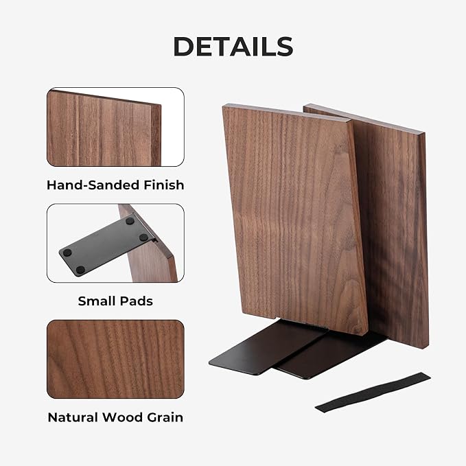 Muso Wood Handmade Walnut Book Ends, Non-Skid Bookends - Image 5