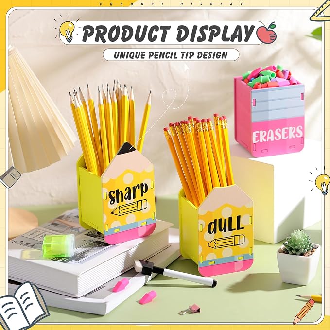DoubleFill 3 Pcs Sharp and Dull Pencil Holder Eraser Buckets Wooden Shaped - Image 3