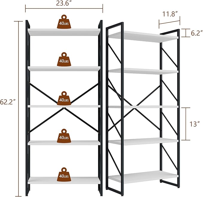 Shintenchi 5 Tiers Bookshelf, Classically Tall Bookcase Shelf, Industrial Book - Image 2