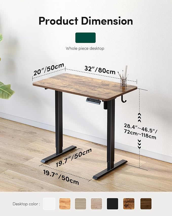 FEZIBO One-Piece Standing Desk Adjustable Height Stand up Home Office Desk, 32x24 Inch Electric Standing Computer Desk, with 4 Memory Presets, Fixable casters, Rustic Brown-DeskLoop Office