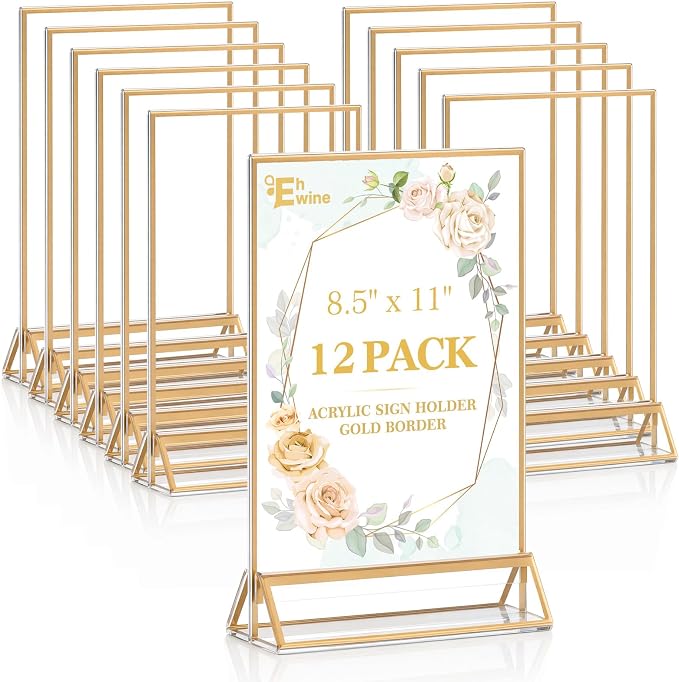 EHWINE 12 Pack Acrylic Sign Holder 8.5 x 11, Double Sided Gold Picture Frame by EHWINE