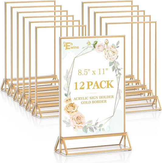 EHWINE 12 Pack Acrylic Sign Holder 8.5 x 11, Double Sided Gold Picture Frame by EHWINE