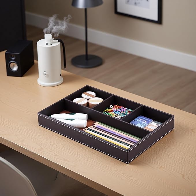 KINGFOM Pu Leather Desk Organizer Tray, 4 Compartment Office Storage Supplies Stationery Drawer Tray, Nightstand Bedside Tray for Key, Wallet, Watch, Coin, Phone Valet Tray Stackable-DeskLoop Office