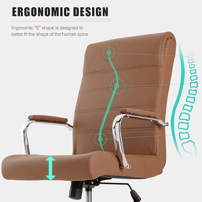 Office Desk Chair,Modern Leather Conference Room Chairs,High Back Ergonomic Home ofiice Chair,Adjustable Height Swivel Executive Computer Chairs with Padded Seat and Armrest (Brown)-DeskLoop Office