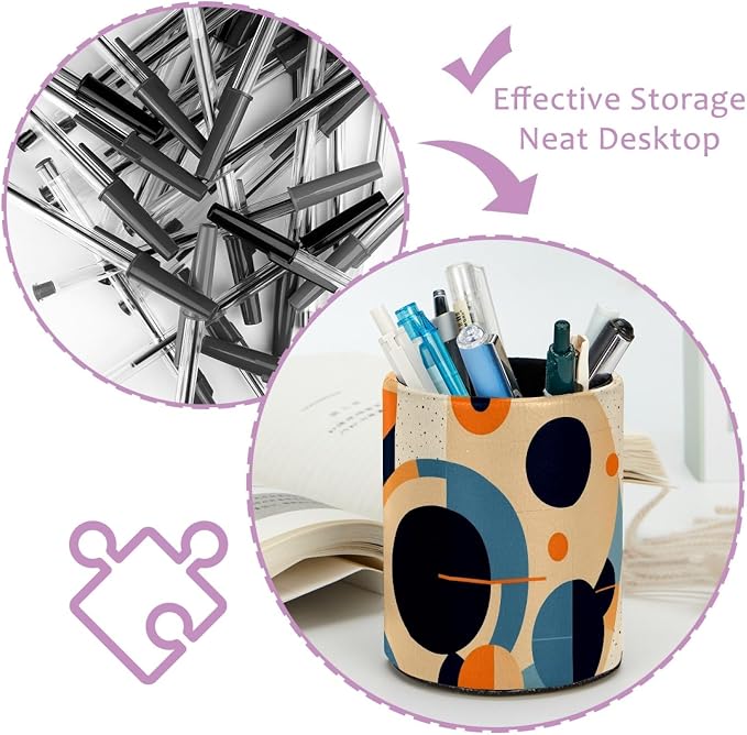 Leather Pen Holder for Desk Geometric Cube Pattern Pencil Cup Desktop Organizer - Image 4