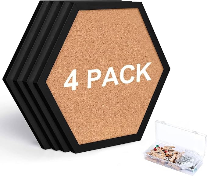 Cork Bulletin Board Hexagon Black, Small Framed Corkboard Tiles by SVOPY