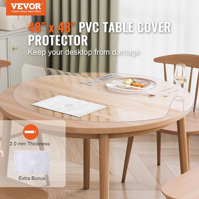 VEVOR Plastic Table Cover, 48 x 48 Inch 2.0 mm Thick Clear Round PVC Desk Mat - Image 2