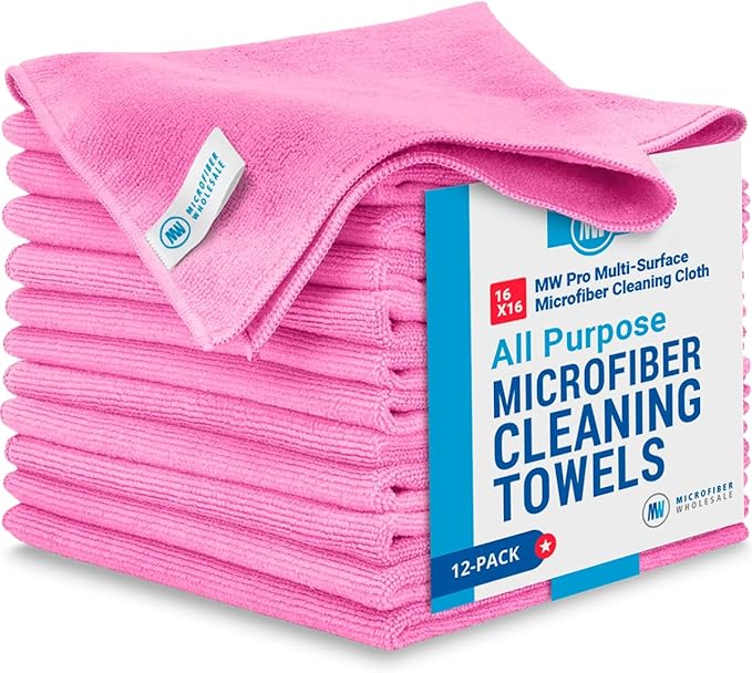 MW Pro Microfiber Cleaning Cloth | Pink | 12 Pack | 16” x 16” | All Purpose Microfiber Towels - Clean, Dust, Polish, Scrub, Absorbent-DeskLoop Office