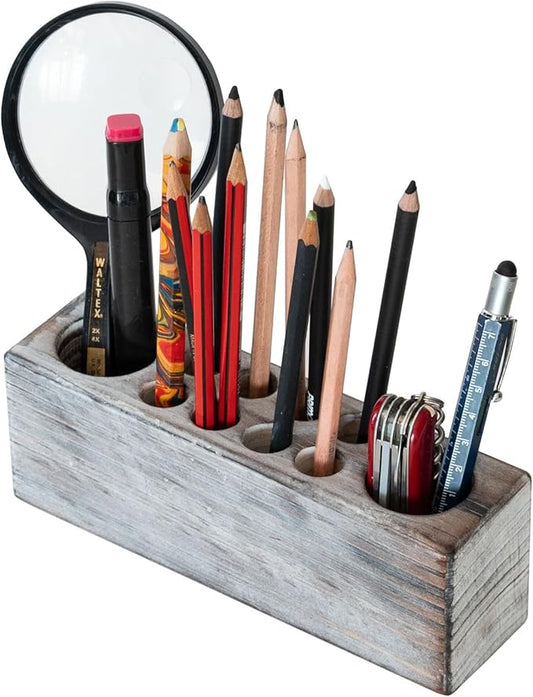 Whitewashed Wooden Pen Holder, Grey Solid Wood Desk Organizer, Rustic Paint Brush Holder and Art Supplies Organizer-DeskLoop Office
