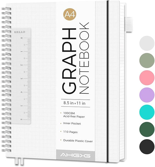 AHGXG Graph Paper Notebook - Spiral Notebook 8.5" x 11", A4 Large Graph Notebook, 100 gsm Thick Grid Paper, Waterproof Plastic Cover Journals for School Writing Engineering Math, Transparent-DeskLoop Office
