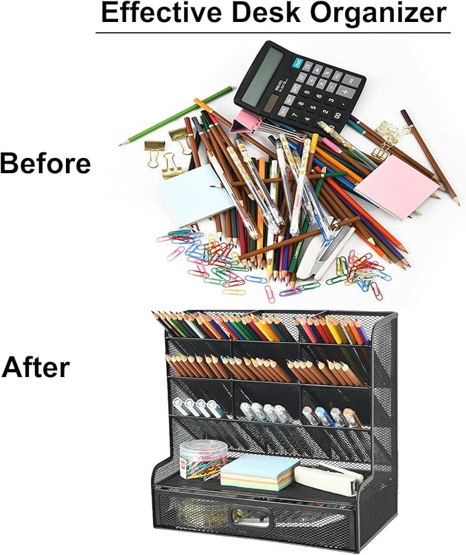 Marbrasse Mesh Pen Holder for Desk, Multi-Functional Pencil Organizer with Drawer, Desk Organizers and Accessories for Office Art Supplies (Large Black)-DeskLoop Office