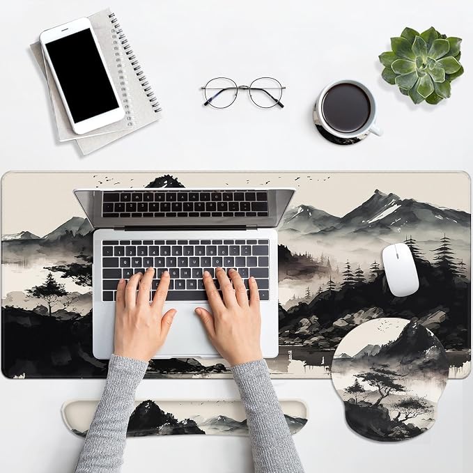 Britimes Black Ink Landscape Keyboard Mouse Pad Set 4in1 Large - Image 5