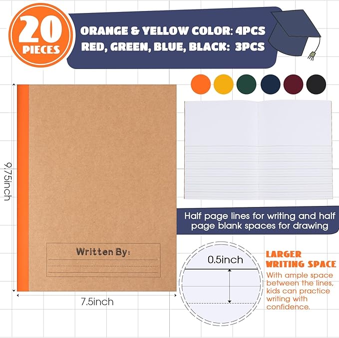 Henoyso 20 Pcs Primary Composition Notebook 9 3/4 x 7 1/2 Inch Kids Journal, Back to School Supplies, K-2 Primary Writing Notebook for Kids Student Draw and Write Story Journal (Jewel Tone Color)-DeskLoop Office