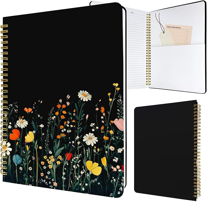 Cute Spiral Notebook journal B5 Aesthetic Pretty Design for Women Girls Kawaii with Pocket, 10 x 7.2 inch, Lined, Black Flower-DeskLoop Office