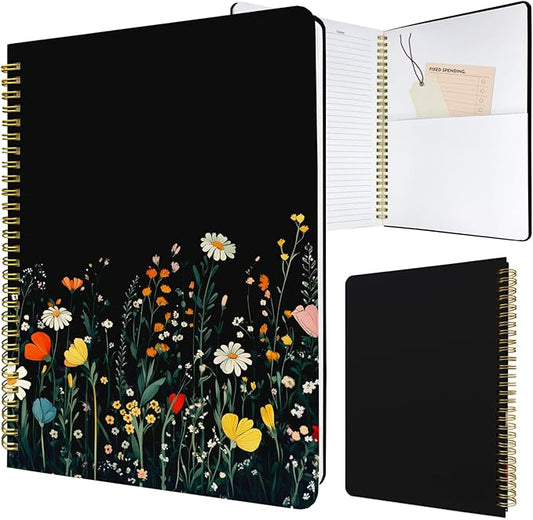 Cute Spiral Notebook journal B5 Aesthetic Pretty Design for Women Girls Kawaii with Pocket, 10 x 7.2 inch, Lined, Black Flower-DeskLoop Office