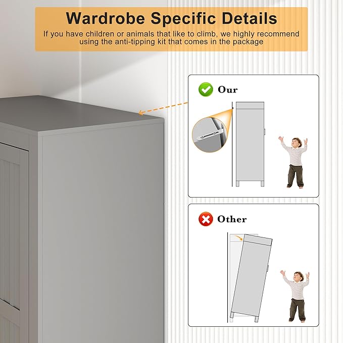2 Door Wardrobe Closet, Wood Armoire with 2 Shelves and Hanging Rod, Freestanding Tall Storage Cabinet, Bedroom and Guest Room Armoire Cabinet for Clothes Storage, Gray-DeskLoop Office