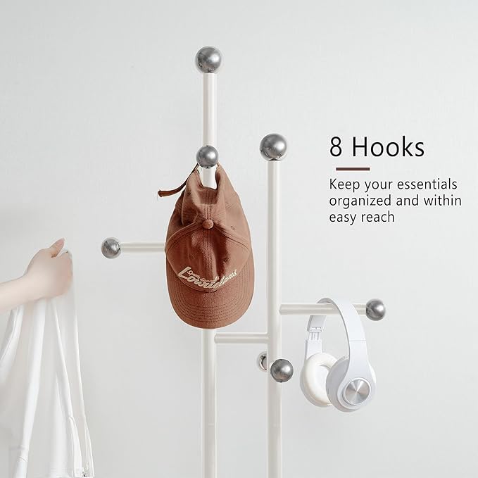 Free Standing Coat Rack with Marble Base & 8 Steel Hooks Clothes Rack for Entryway Bedroom Living Room Hotel 14.96 x 10.24 x 68.9 Inches (White)-DeskLoop Office