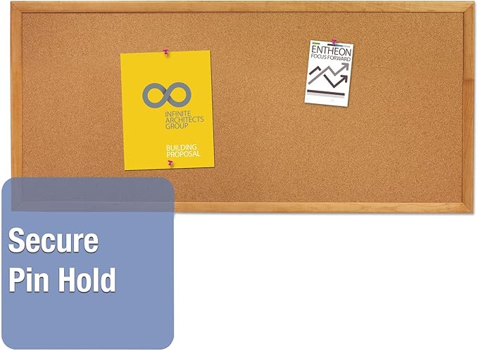 Quartet Cork Board, Bulletin Board, 3' x 1' Corkboard, Oak Finish Frame (300)-DeskLoop Office