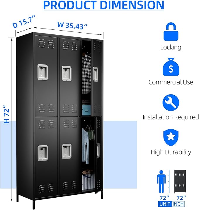 6 Doors Metal Lockers for Employees with Lock, Metal Locker with 18 Hooks for School Garage Office Gym Home,Assembly Required,Black-DeskLoop Office