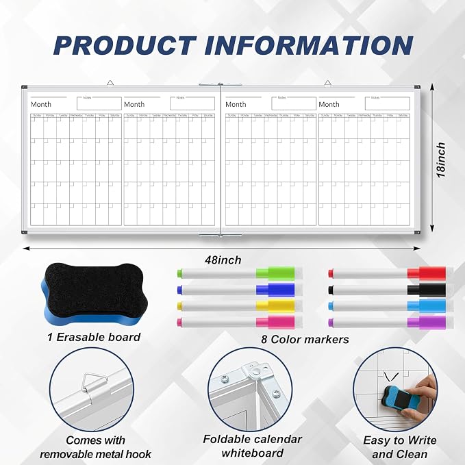 Lincia 48" x 18" Magnetic Horizontal 4 Month Dry Erase Calendar - Image 2