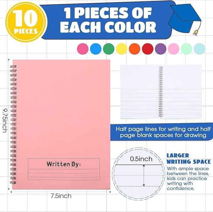 Henoyso 10 Pcs 100/50 Sheets Primary Composition Notebook K-2 Bulk Spiral Primary Journal Drawing Handwriting Practice for Kids Kindergarten 1st 2nd Back to School Supplies (Stylish Color,50 Sheets)-DeskLoop Office