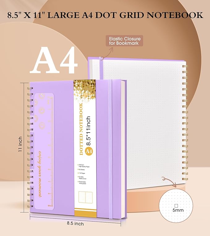 Dotted Notebook, Spiral Notebook Journal 8.5” x 11”, A4 Large Dot Grid Notebooks for Women Men, 100 GSM Dotted Paper, Plastic Hardcover Spiral Bullet Journals for Work School Sketching, Purple-DeskLoop Office
