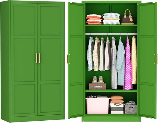 Greenvelly Metal Storage Wardrobe Cabinet with Lock, 71" Green Metal Wardrobe Closet for Hanging Clothes with Doors and Shelves, Modern Steel Clothes Closet for Home, Office and Bedroom, School,Gym-DeskLoop Office
