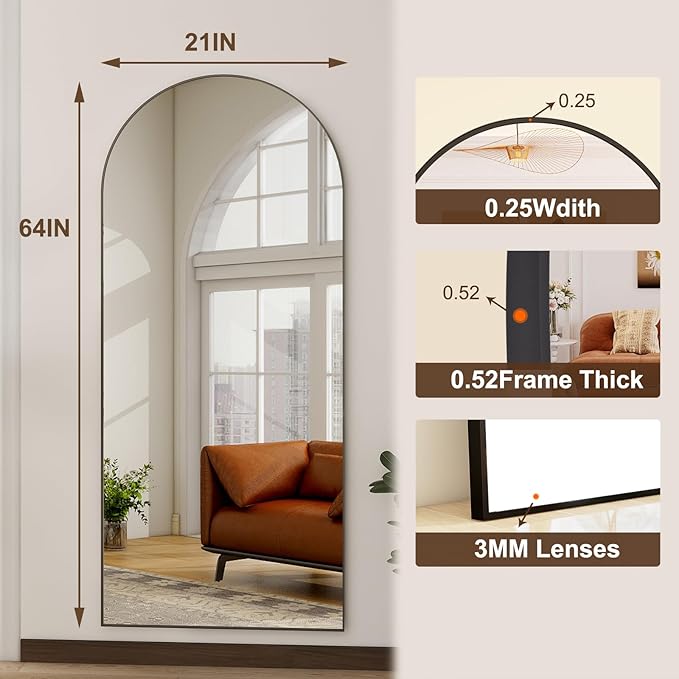 HARRITPURE Arched Full Length Mirror - 64"x21" Free Standing Leaning Mirror Hanging Mounted Aluminum Frame Modern Home Decor for Living Room, Bedroom, Cloakroom, Black-DeskLoop Office