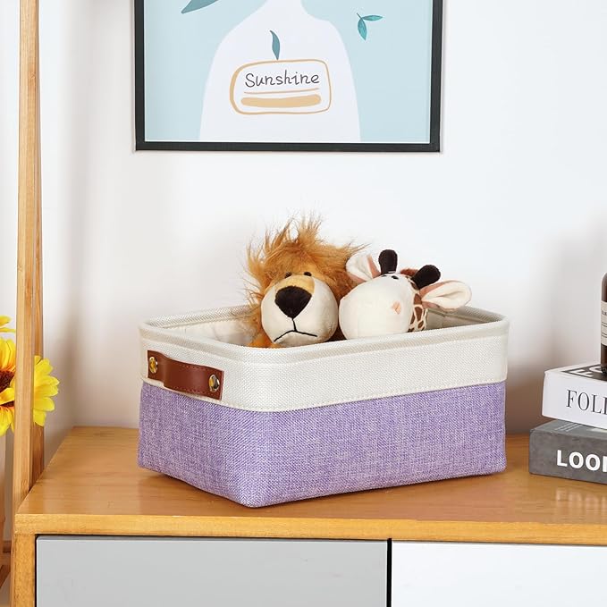 DULLEMELO Small Storage Baskets 6 Pack, Fabric Collapsible Gift Storage Baskets for Shelves, Closets, Nursery, Home, Office Organizing,Small Canvas Linen Rectangular Storage Bins (White&Purple)-DeskLoop Office