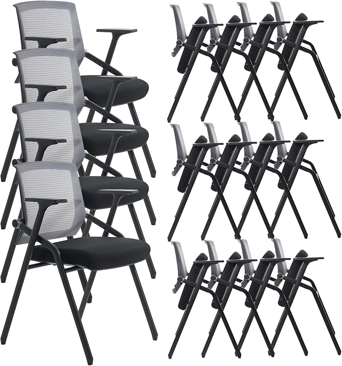 16 Pack Conference Room Chairs, Folding Office Desk Chair with Lumbar Support and Sliding Armrest, Stackable Office Guest Chairs & Reception Chairs-DeskLoop Office