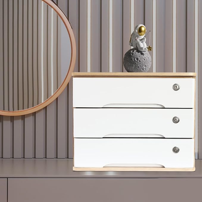 Lockable Desk Organizer Wooden Desktop Drawers Office Flat Files Storage Box - Image 9