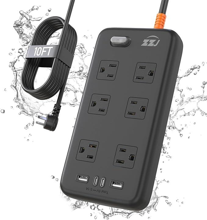 Power Strip Weatherproof, 10-in-1 Surge Protector with 6 Wide Outlets 2USB A and 2USB C,1875W/15A,10FT Flat Plug Multi-Plug Outdoor Extension Cord for Indoor Outdoor, UL FCC Listed-DeskLoop Office