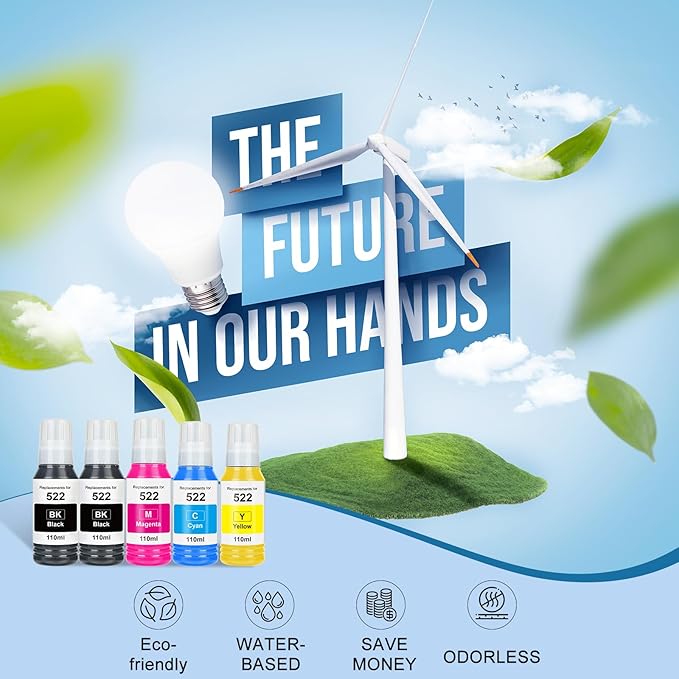 522 High Capacity Ink Refill Bottles Combo Pack Remanufactured for Epson 522 EcoTank Ink Works with EcoTank ET-2400, ET-2720, ET-2800, ET-2803, ET-2840 (5 Pack,550ML, Not Sublimation Ink)-DeskLoop Office