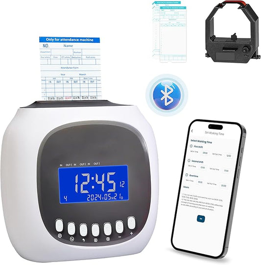Time Clocks for Employees Small Business, Auto-Align Time Clock, 6 Punches per Day Time Machine, Clock in Machine for Employees with Time Cards, 2 Ink Ribbons and 4 Racks (White-BT App)-DeskLoop Office