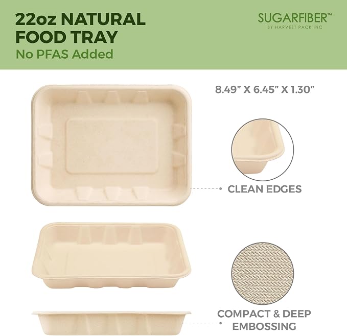 Harvest Pack 22 oz Compostable Food Trays, 8.49" x 6.45" x 1.3" Disposable PFAS - Image 2