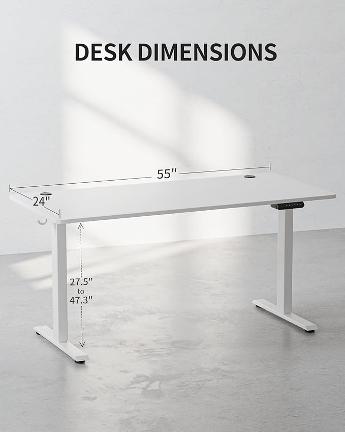 FEZIBO One-Piece Standing Desk Adjustable Height Stand up Home Office Desk, 55x24 Inch Electric Standing Computer Desk, with 4 Memory Presets, Fixable casters, White-DeskLoop Office