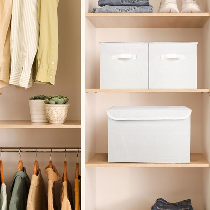Large 17" 42 Quarts Collapsible Stackable Storage Bins with Lids [3-Pack] Foldable Fabric Linen Storage Boxes Cube, Closet Organizer Baskets with Label (16.7 x 12 x 12", White)-DeskLoop Office