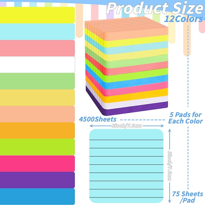 60 Pads Round Corner Lined Sticky Notes 3x3 in Post, 12 Bright Colors - Image 2