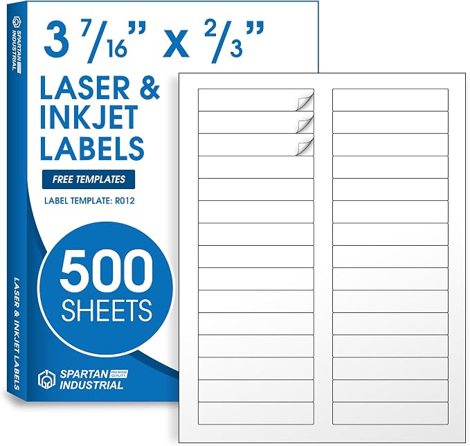 3 7/16" X 2/3" Matte White Printable Labels File Folder, Mailing Labels by SpartanIndustrial
