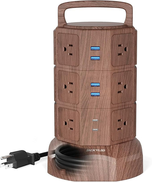 JACKYLED Power Strip Tower Surge Protector with 6.5ft Extension Cord 6 USB Ports and 12 AC Outlets Electric Charging Station for Home Office Dorm Desktop Computer Walnut and Black-DeskLoop Office