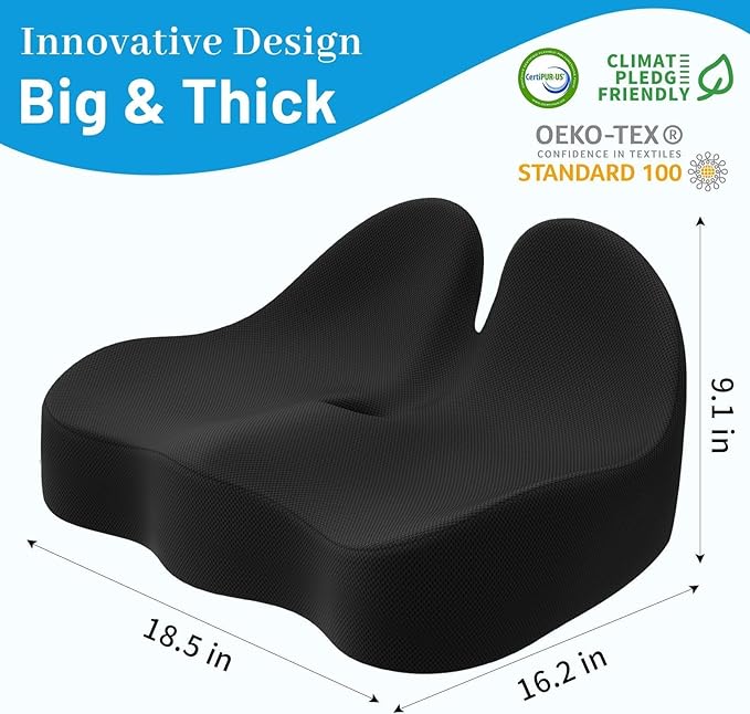 Seat Cushion, Memory Foam Office Chair Cushions, Ergonomic Curved Design for Sciatica, Tailbone, Coccyx, Seat Support for Car, Desk Chair, Wheelchair, Enhances Long Sitting Comfort (Black)-DeskLoop Office