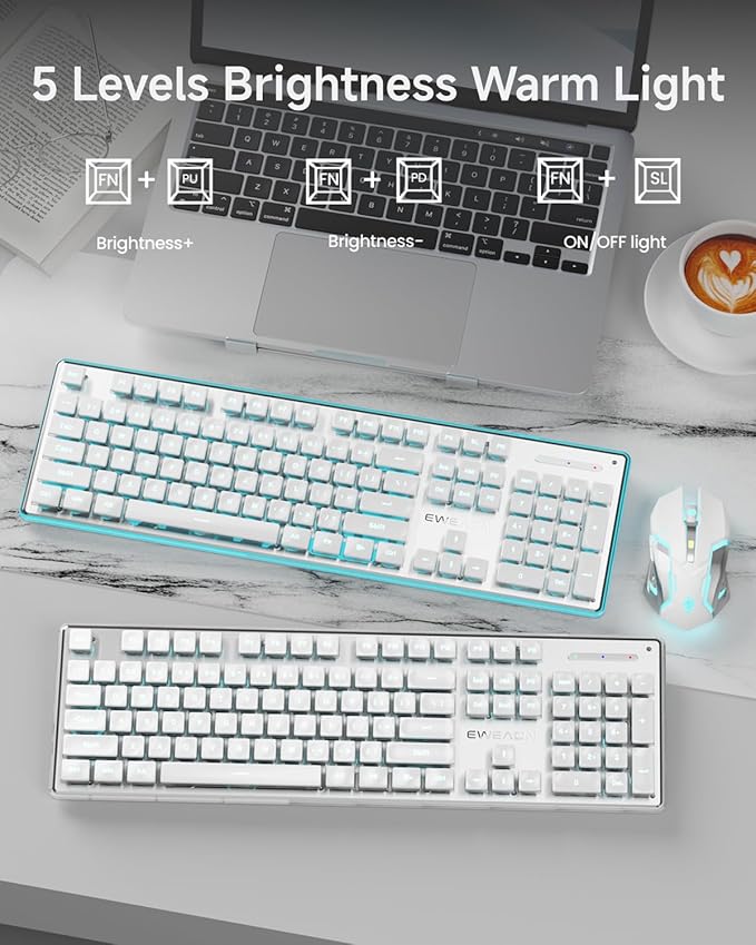 EWEADN V3 Wireless Keyboard and Mouse with Blue Backlit, Metal Panel, Bluetooth/2.4G Rechargeable Computer Keyboard and Mouse Combo Silent Lighted Full Size Cute Keyboards-White-DeskLoop Office