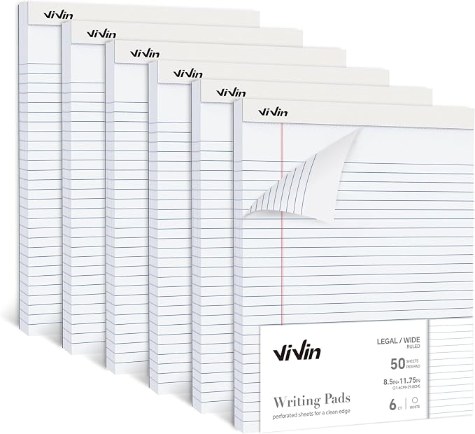 ViVin Legal Pads 8.5 x 11 Inch, Wide Ruled Note Pads, 6 Pack, 50 Sheet/Pad by ViVin