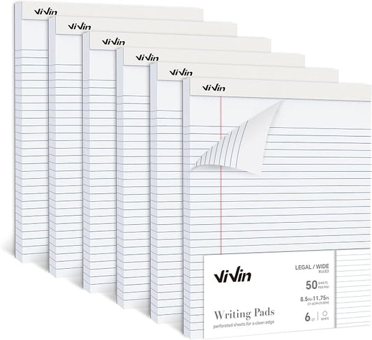 ViVin Legal Pads 8.5 x 11 Inch, Wide Ruled Note Pads, 6 Pack, 50 Sheet/Pad by ViVin