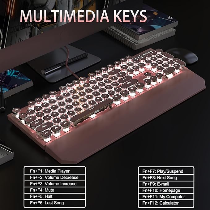 Camiysn Typewriter Style Mechanical Gaming Keyboard, Pink Retro Punk Gaming Keyboard with White Backlit, 104 Keys Blue Switch Wired Cute Keyboards, Round Keycaps for Windows/Mac/PC-DeskLoop Office