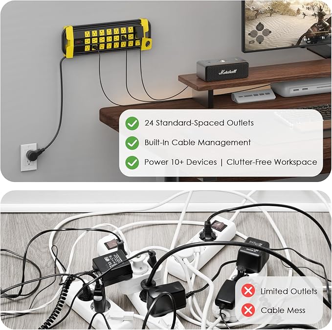 HHSOET Heavy Duty Power Strip with Surge Protection, Industrial Commercial Metal 24 Outlets Wall Mount for Garage Shop, 15 Amp, Switch, 6FT Extension Cord, Black.-DeskLoop Office