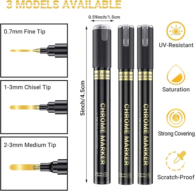 3Pcs Gold Liquid Mirror Chrome Markers, Permanent Reflective Metallic Gold Paint Pen, High Gloss Car DIY Model Painting, Touch Up Repair Kit for Plastic Metal Glass Fabric Ceremic Resins-DeskLoop Office