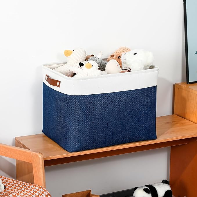 DULLEMELO Large Storage Baskets with Leather Handles for Linen Closet and Home Office, Decorative Baskets for Toys Storage (White & Blue)-DeskLoop Office