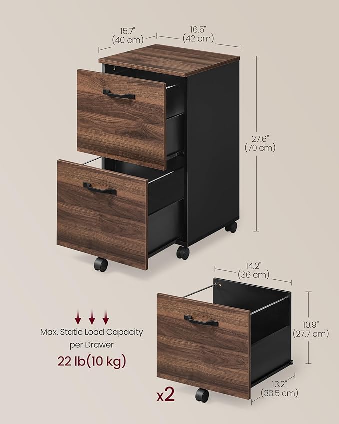 VASAGLE 2-Drawer File Cabinet, Small Rolling Filing Cabinet for Home Office, Printer Stand, for A4, Letter-Size Documents, 15.7 x 16.5 x 27.6 Inches, Natural Walnut and Ink Black UOFC040K01-DeskLoop Office